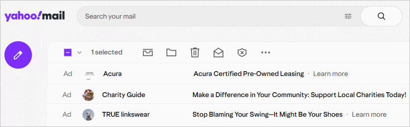 Yahoo Mail showing affiliate ads